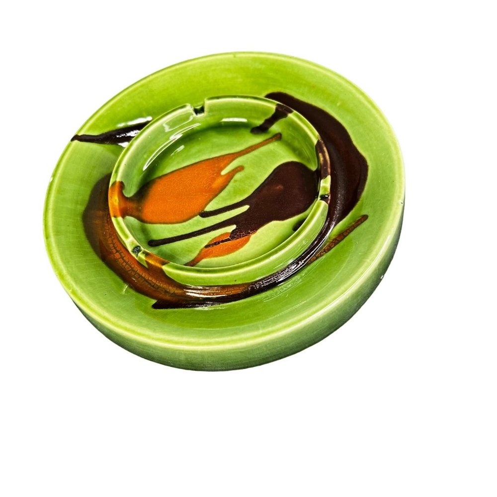 Vintage Royal Haeger Ashtray 2069 Round Green Orange Brown 8.25 inch